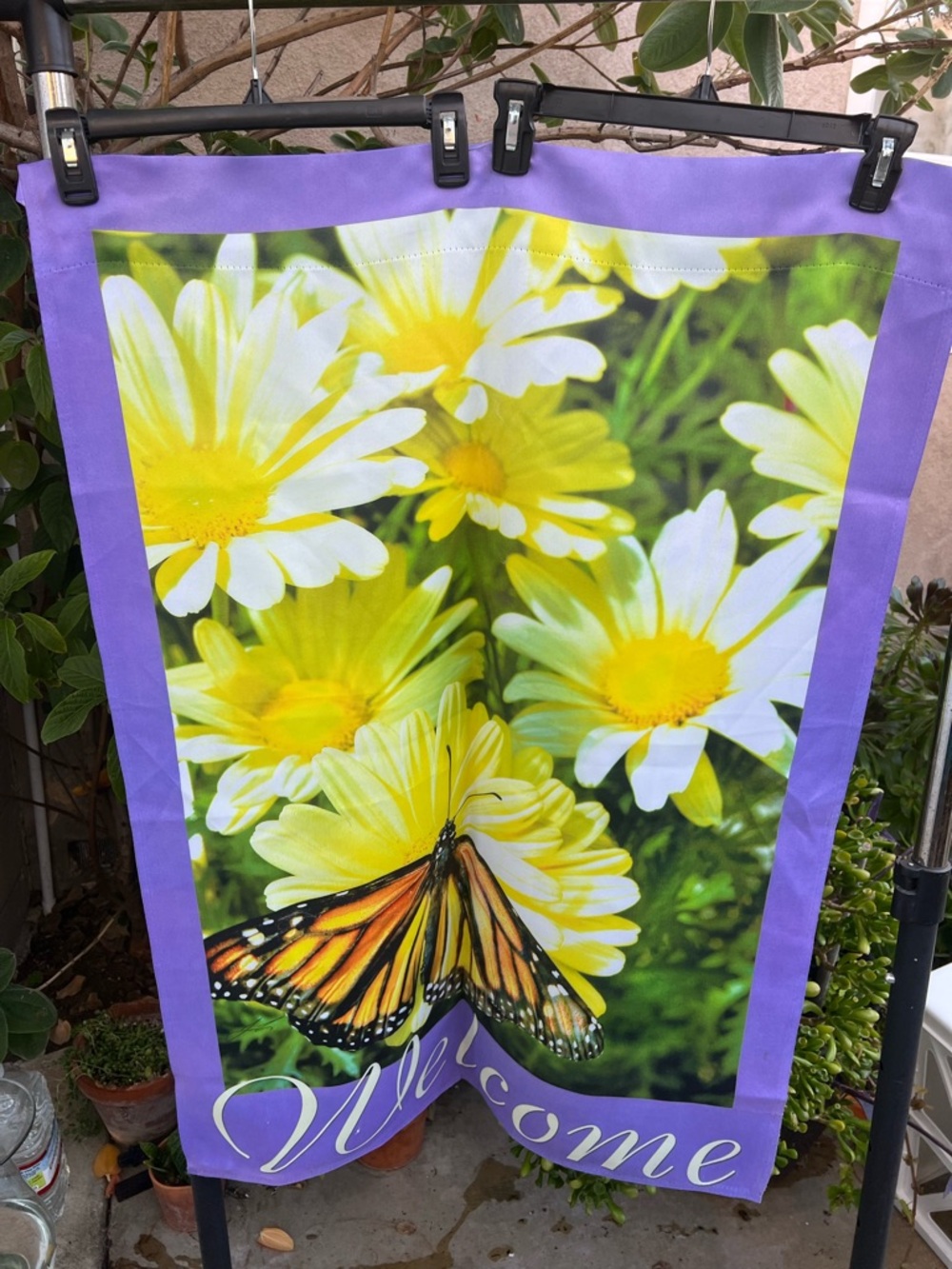 Garden Flag with Yellow Daisies, Monarch Butterfly & Purple Border